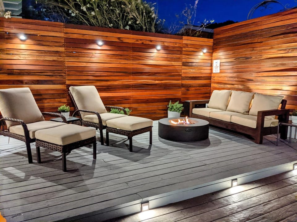 Patio, Night, Seating area, fireplace, sunbed
