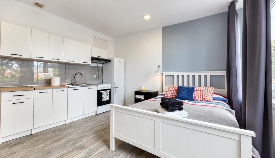 Bed, Kitchen or kitchenette, Photo of the whole room, Bedroom, stove