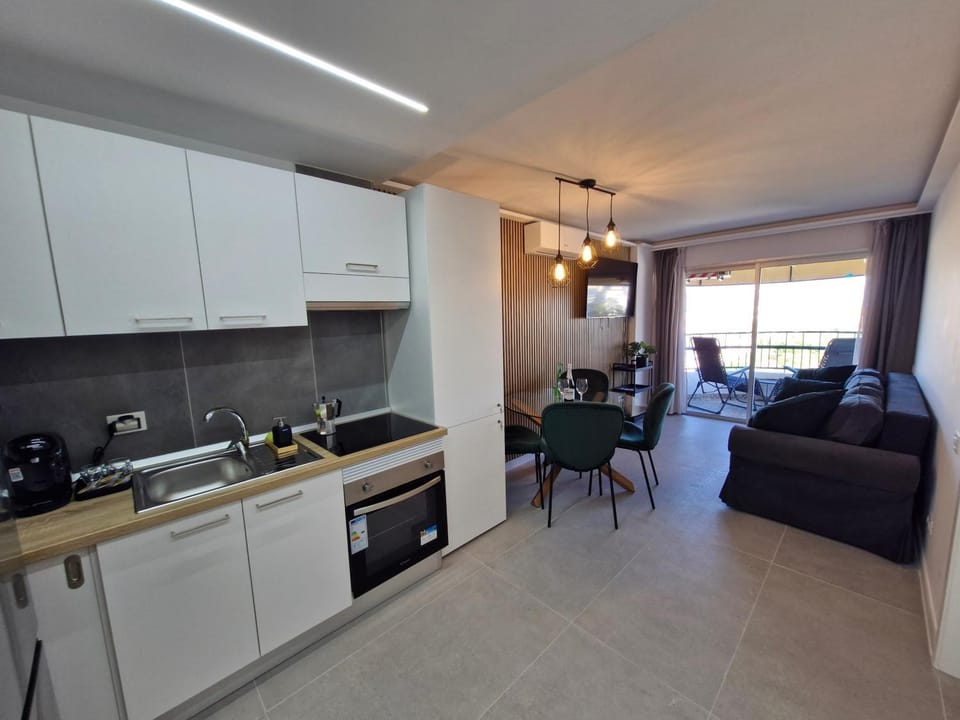 Kitchen or kitchenette, Living room, Seating area, Dining area, oven, stove, toaster