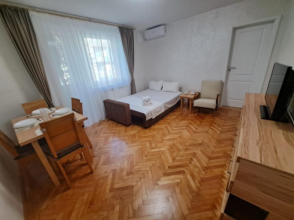 Bed, TV and multimedia, Living room, Photo of the whole room, Seating area, Dining area, towels, air conditioner