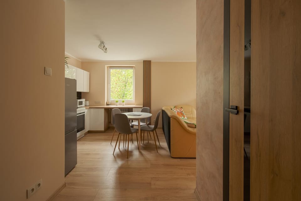 Kitchen or kitchenette, Living room, Seating area, Dining area