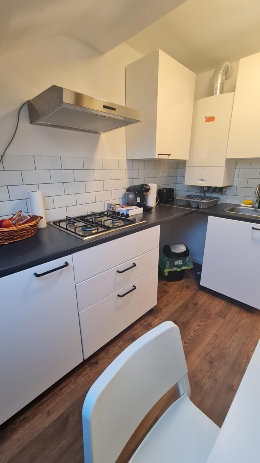 Kitchen or kitchenette, stove