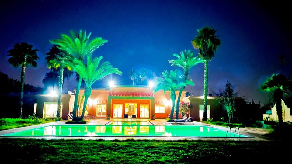 Property building, Night, Natural landscape, Garden, Garden view, Pool view, Swimming pool