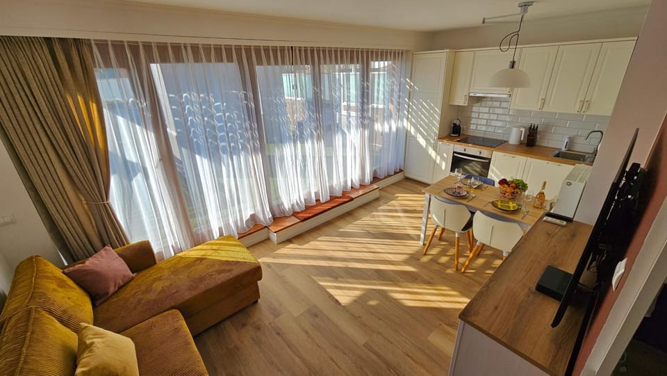 Kitchen or kitchenette, Living room, Seating area, Dining area, oven