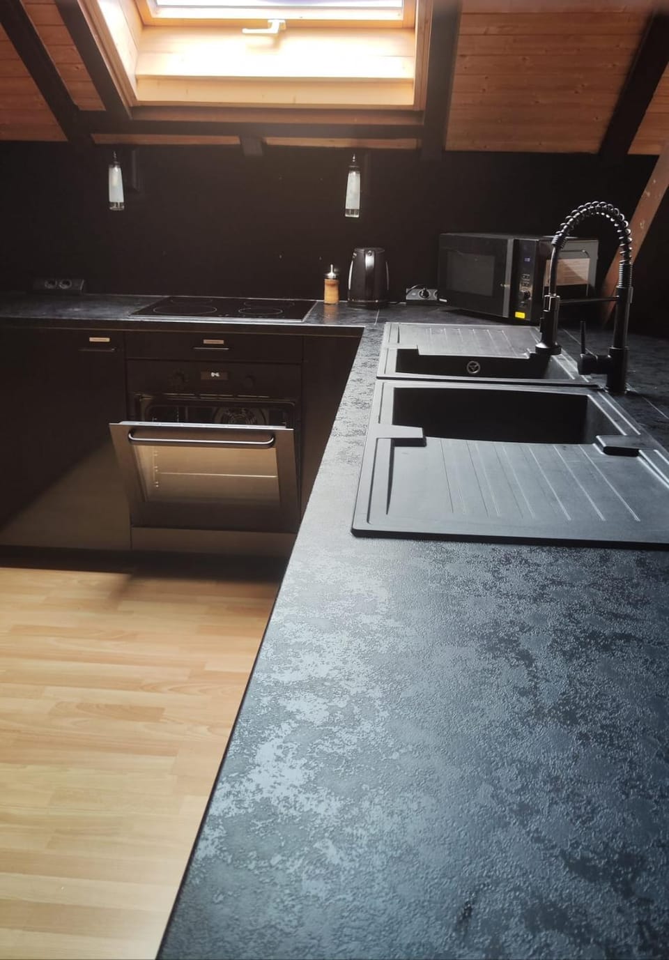 Kitchen or kitchenette, stove