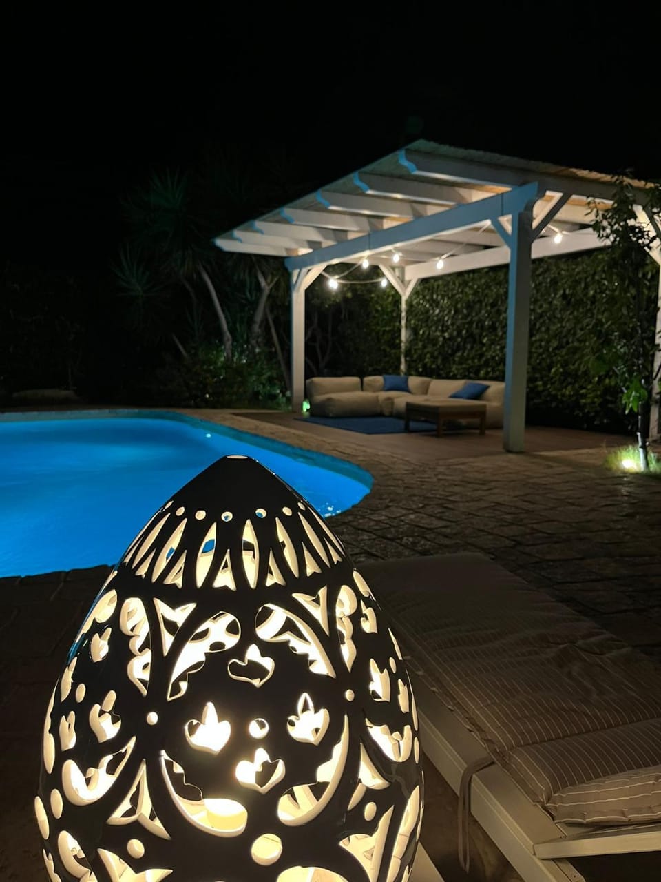 Patio, Night, Pool view, Swimming pool, sunbed