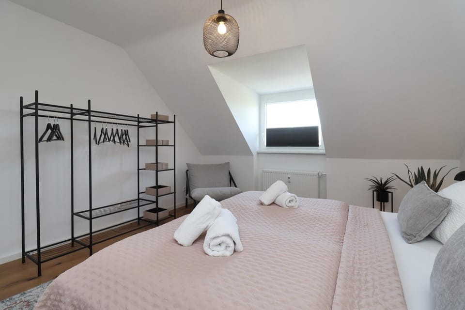 Bed, Bedroom, Landmark view, towels, wardrobe