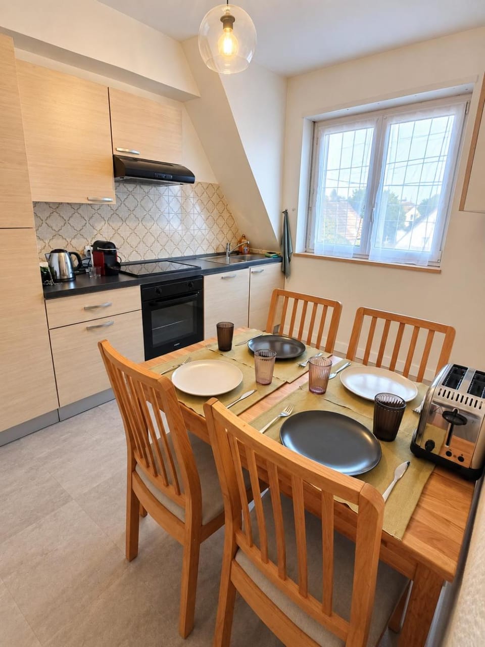 Kitchen or kitchenette, stove