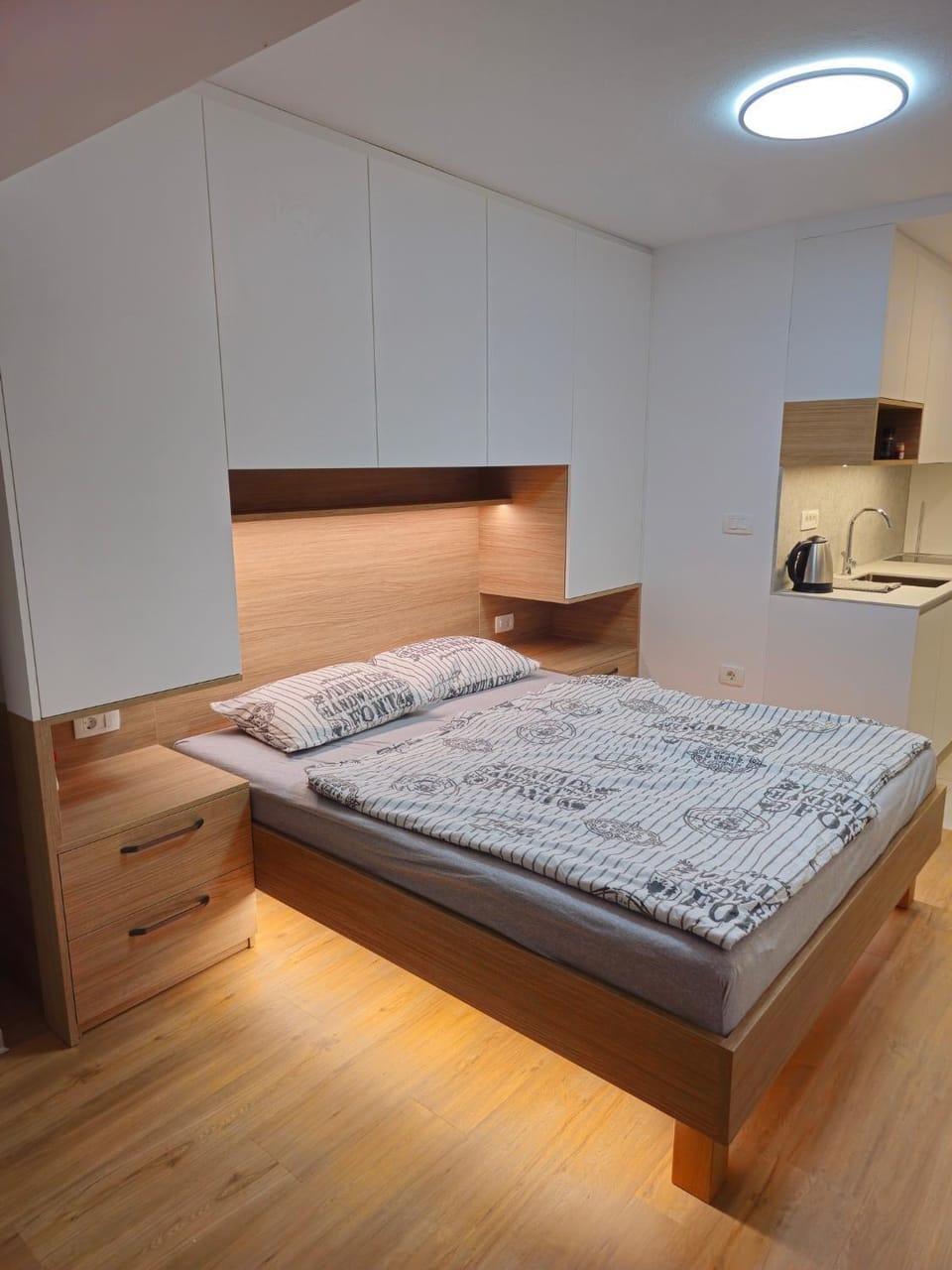Bed, wardrobe