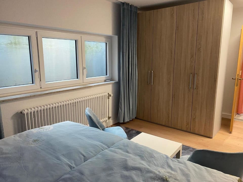 Bed, wardrobe