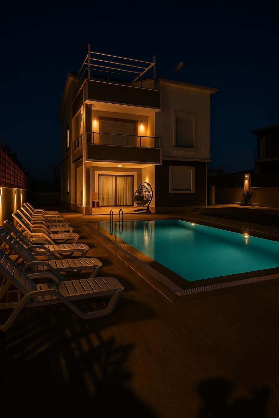 Property building, Patio, Night, Pool view, Swimming pool, sunbed