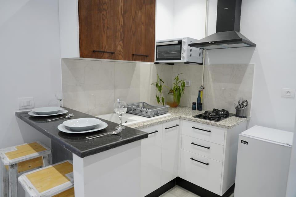 Kitchen or kitchenette, minibar, stove