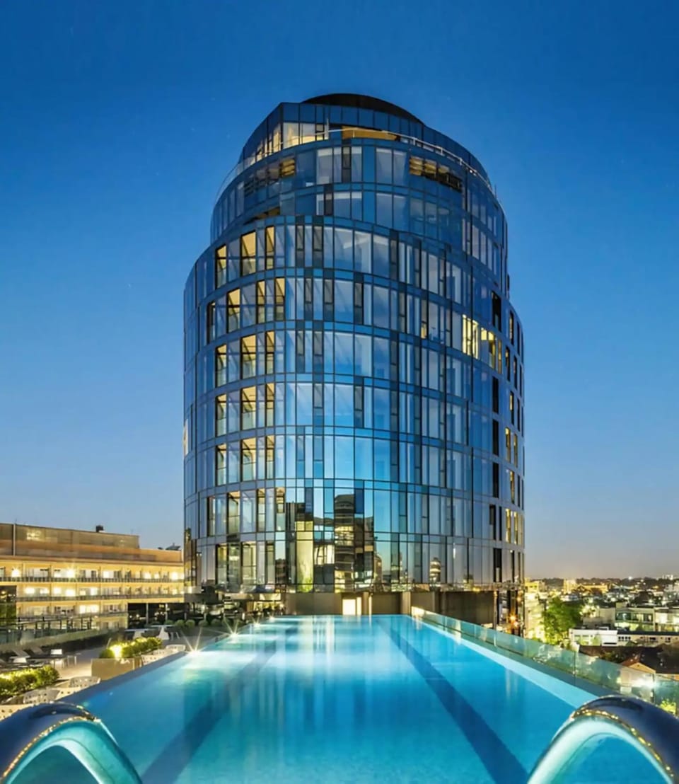 Property building, Night, City view, Pool view, Swimming pool
