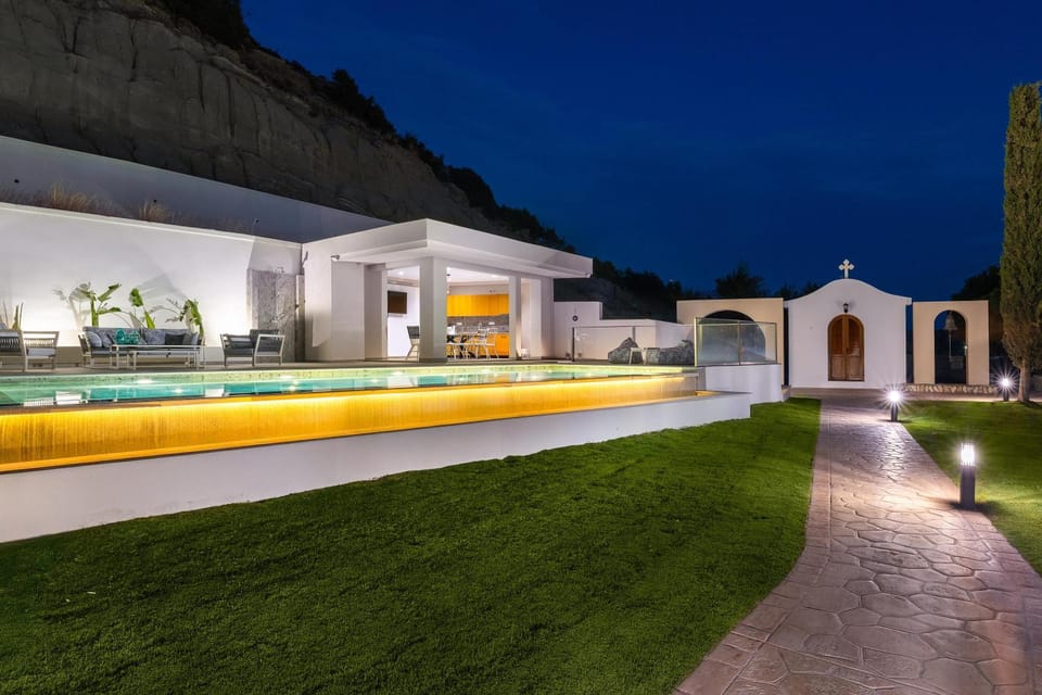 Property building, Night, Garden, Garden view, Pool view, Swimming pool