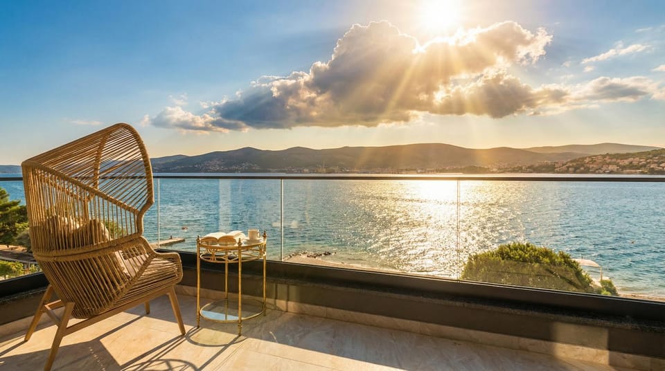 Day, Natural landscape, View (from property/room), Balcony/Terrace, Balcony/Terrace, Seating area, Mountain view, Sea view, Time of day, sunbed