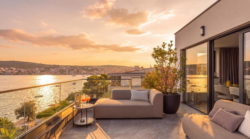 Property building, Patio, Day, Natural landscape, View (from property/room), Balcony/Terrace, Living room, Food and drinks, Seating area, Dining area, Sea view, Alcoholic drinks, Non alcoholic drinks