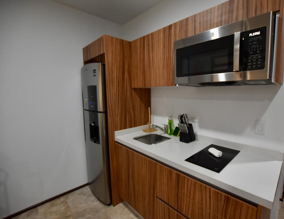 Kitchen or kitchenette, stove