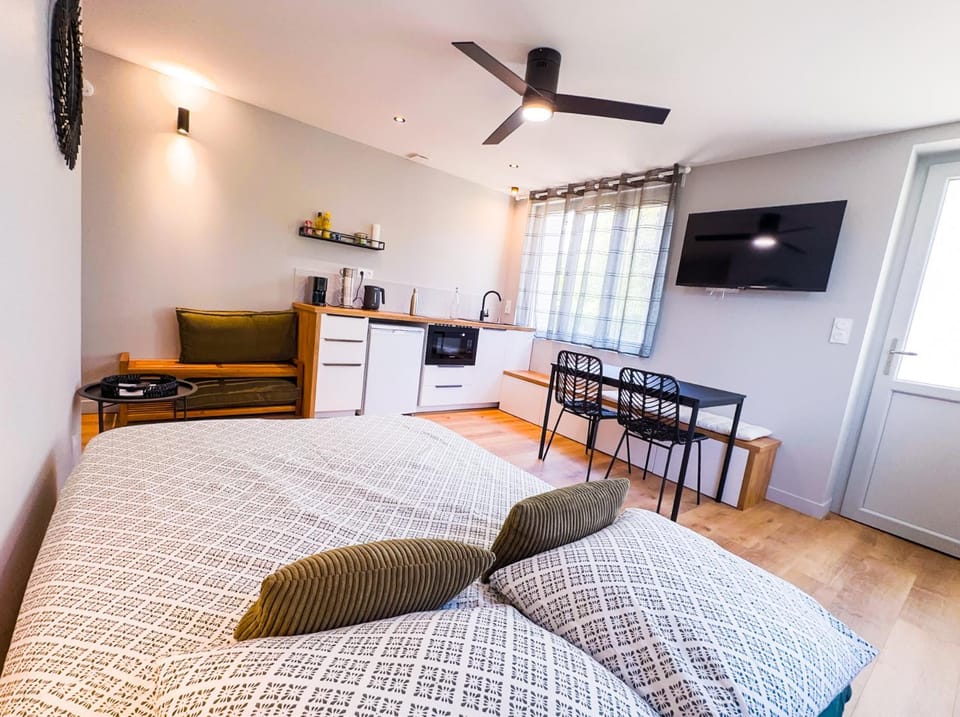 Bed, TV and multimedia, Kitchen or kitchenette, Living room, Seating area