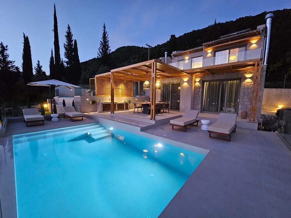 Property building, Night, Natural landscape, Mountain view, Pool view, sunbed