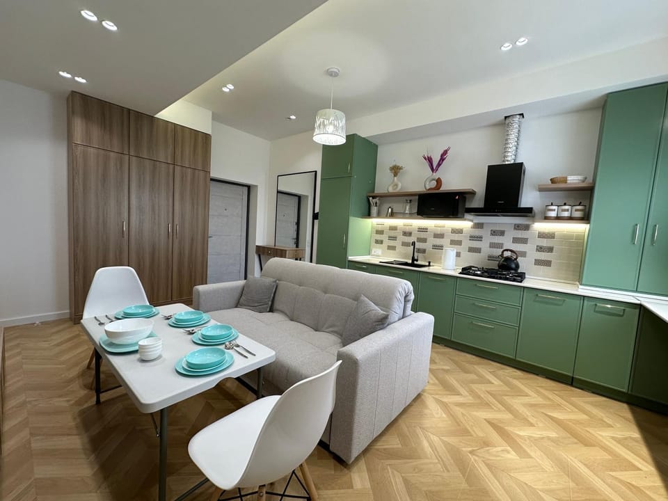 Kitchen or kitchenette, Living room, Dining area, stove