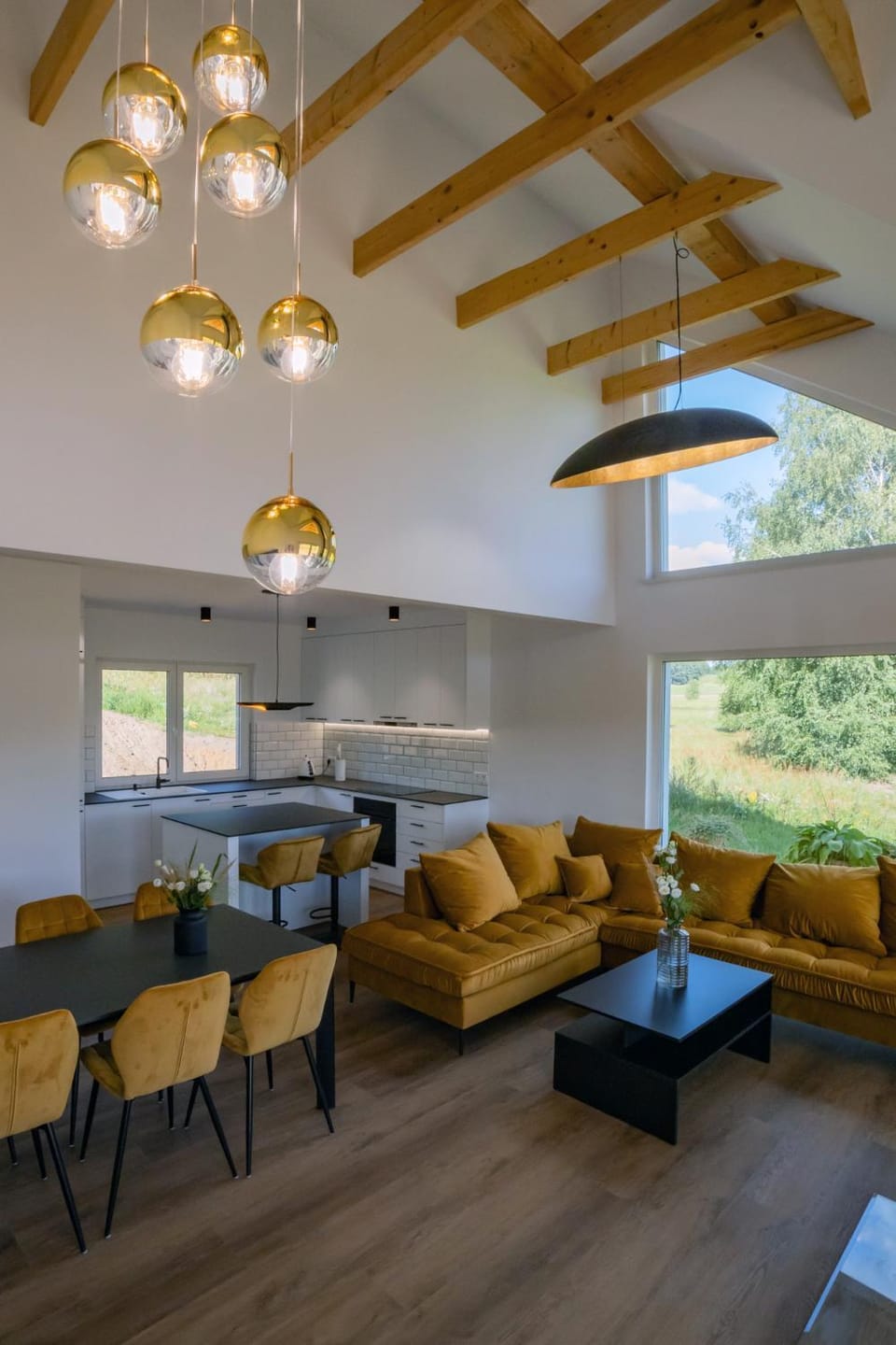 Kitchen or kitchenette, Living room, Seating area, Dining area