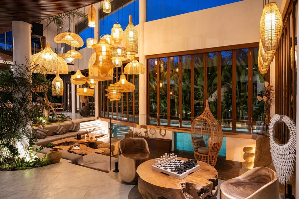 Living room, Seating area, Pool view