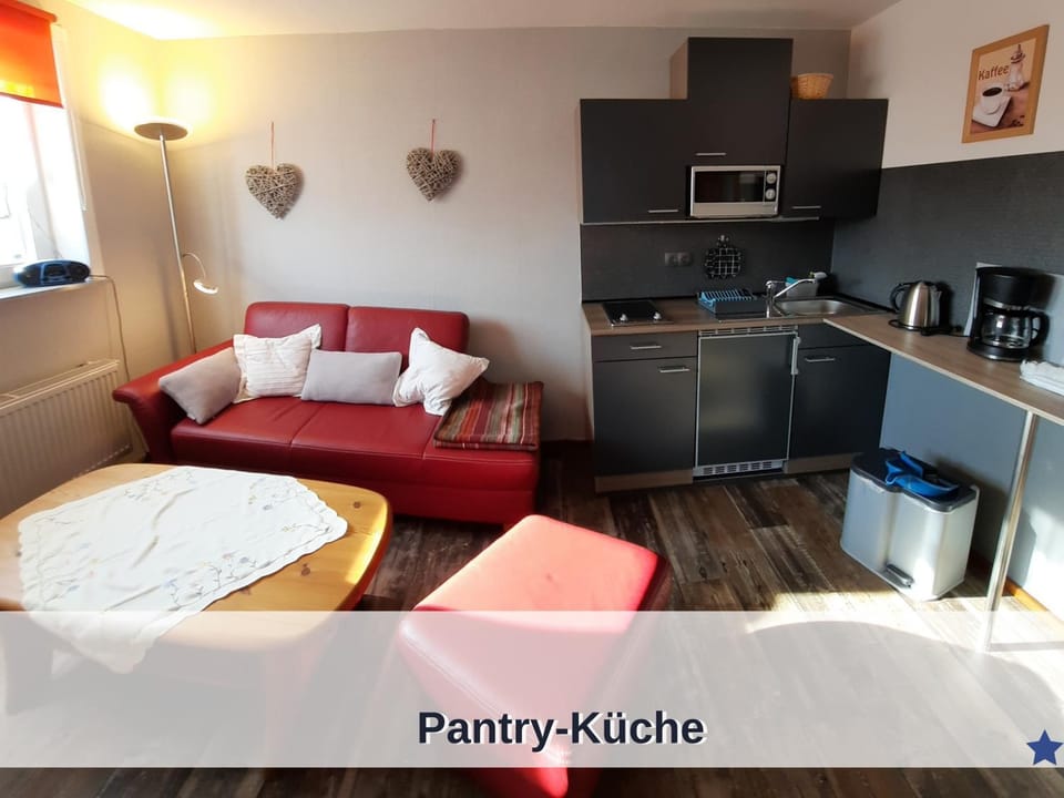 Kitchen or kitchenette, Living room, Seating area, microwave, stove