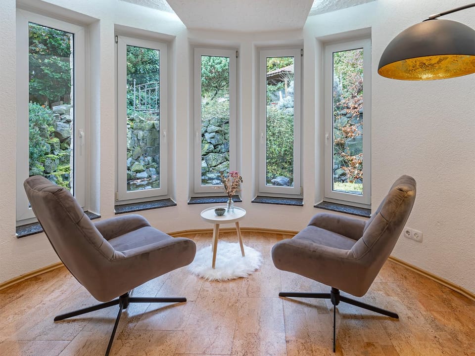 Living room, Seating area, Garden view