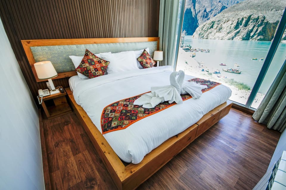 Bed, Natural landscape, Bedroom, Lake view