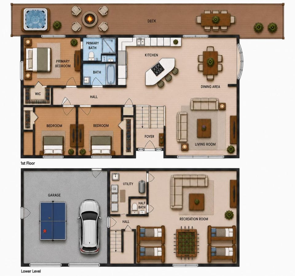 Patio, Game Room, Garden, Hot Tub, Kitchen or kitchenette, Living room, Floor plan, Dining area, Bedroom, bunk bed, Parking