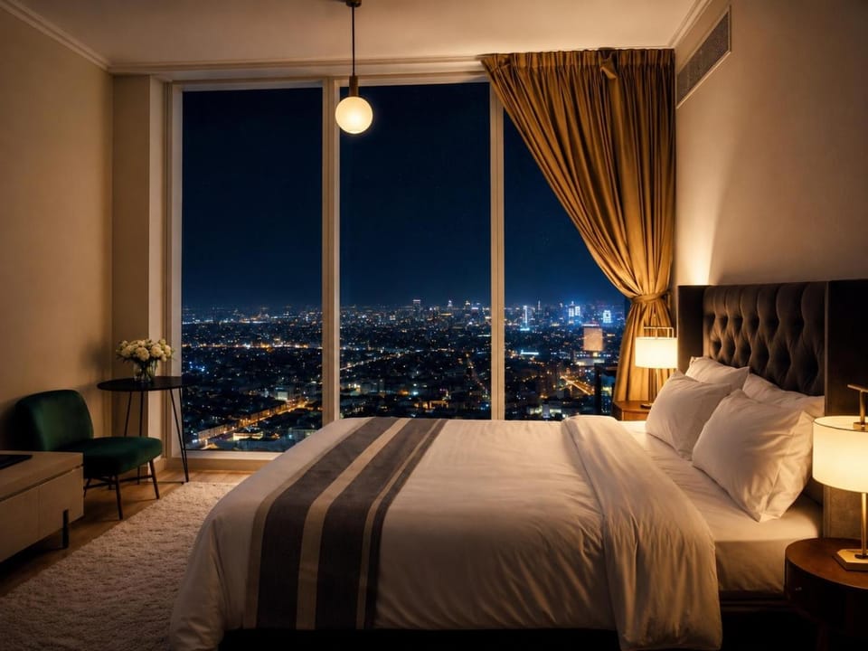 Bed, Night, Photo of the whole room, Bedroom, City view