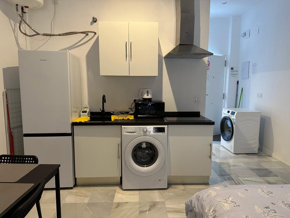 Kitchen or kitchenette, stove, washing machine, dryer