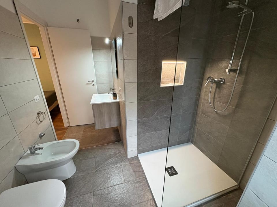 Shower, Bathroom, bidet, hair dryier, towels