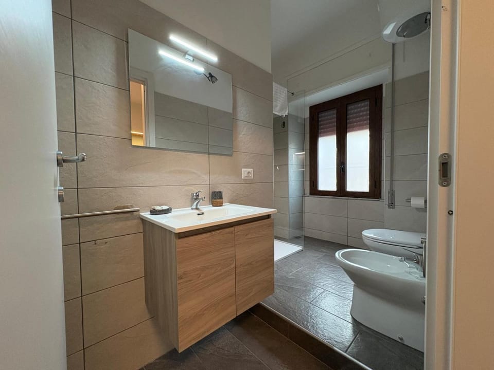 Bathroom, bidet, hair dryier, towels