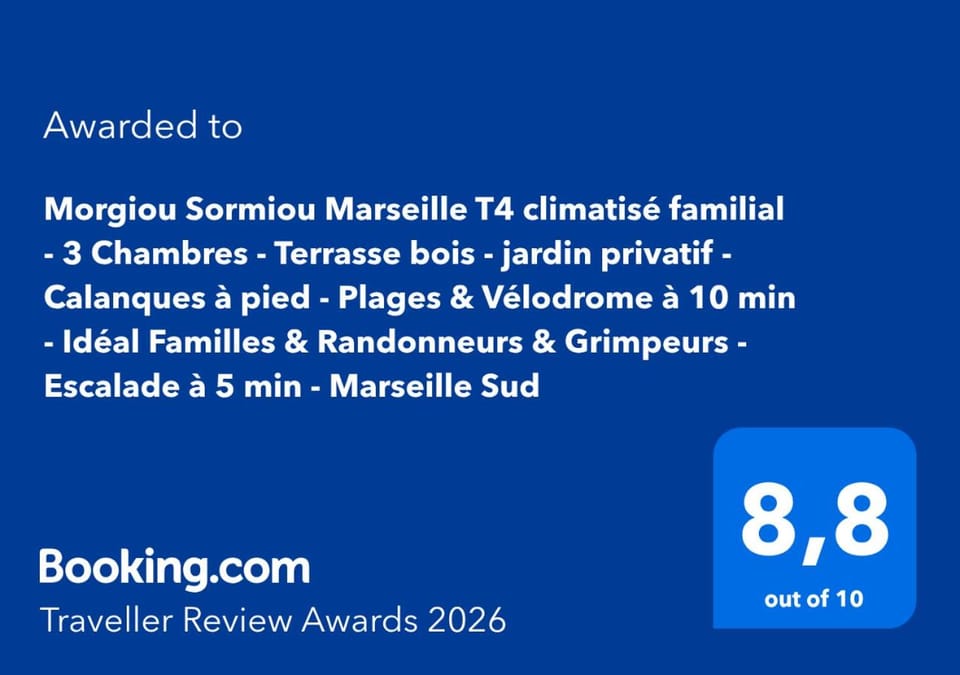 Morgiou Sormiou Marseille T4 climatisé familial - 3 Chambres - Terrasse bois - jardin privatif - Calanques à pied - Plages & Vélodrome à 10 min - Idéal Familles & Randonneurs & Grimpeurs - Escalade à 5 min - Marseille Sud Apartment in Marseille