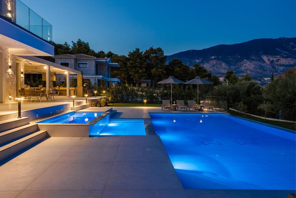 Night, Mountain view, Swimming pool