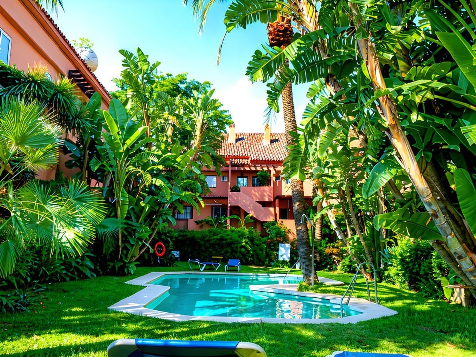 Natural landscape, Garden, Garden view, Pool view, Swimming pool