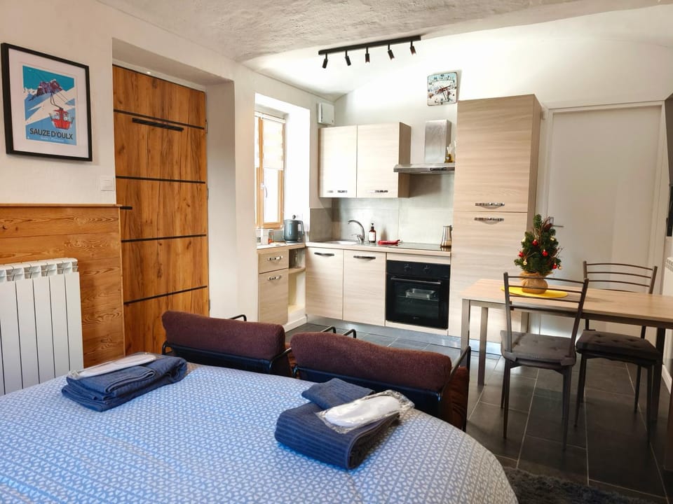 Bed, Kitchen or kitchenette, Photo of the whole room, Dining area, stove, towels, kitchen