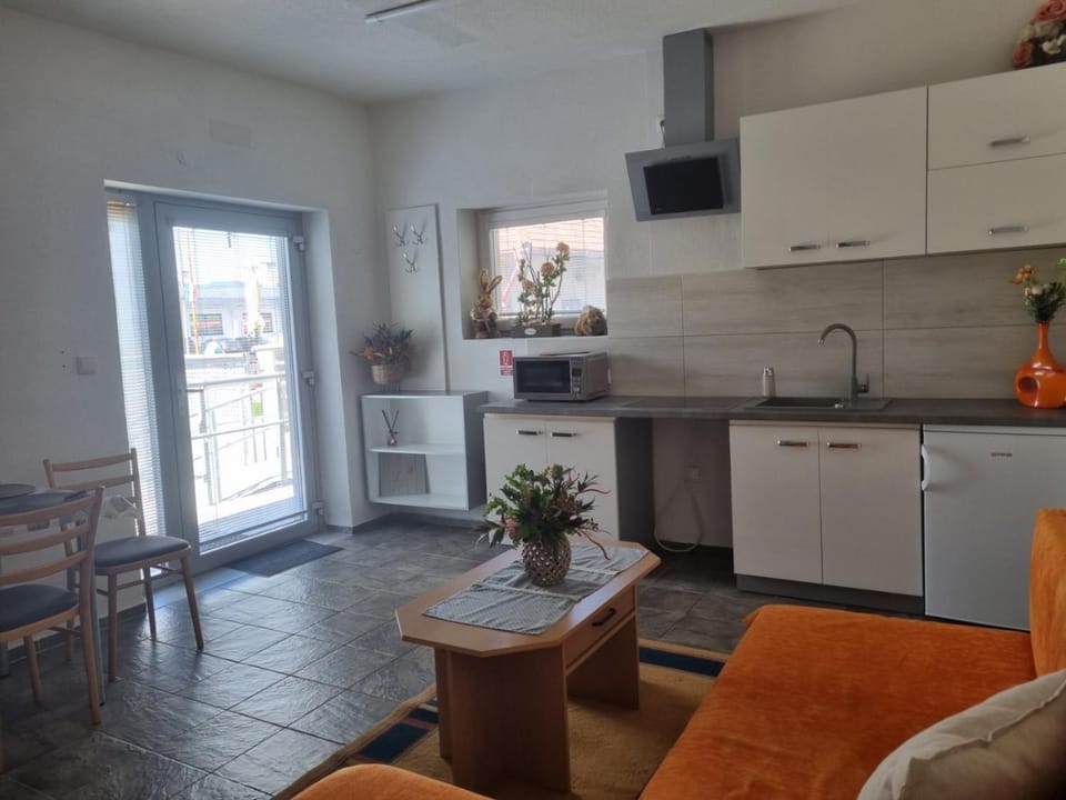Kitchen or kitchenette, Living room, Seating area, Dining area, stove