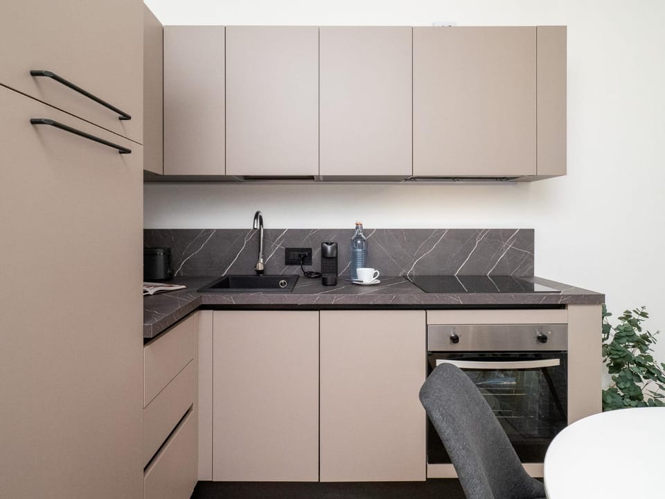 Kitchen or kitchenette, dishwasher, oven, stove