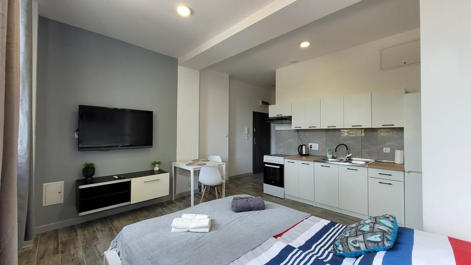 Bed, TV and multimedia, Kitchen or kitchenette, Photo of the whole room, Dining area, Bedroom, oven