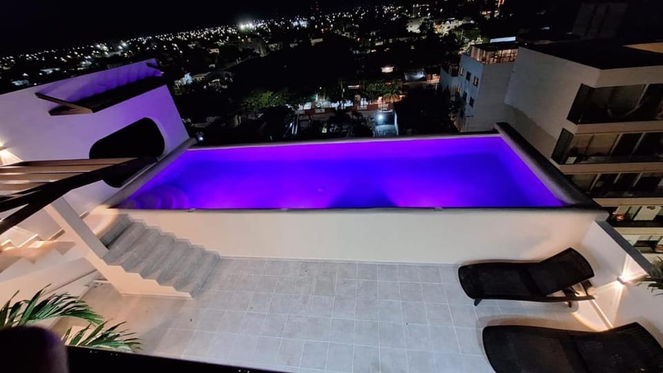 Night, City view, Swimming pool