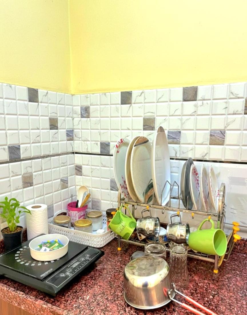 Kitchen or kitchenette, stove