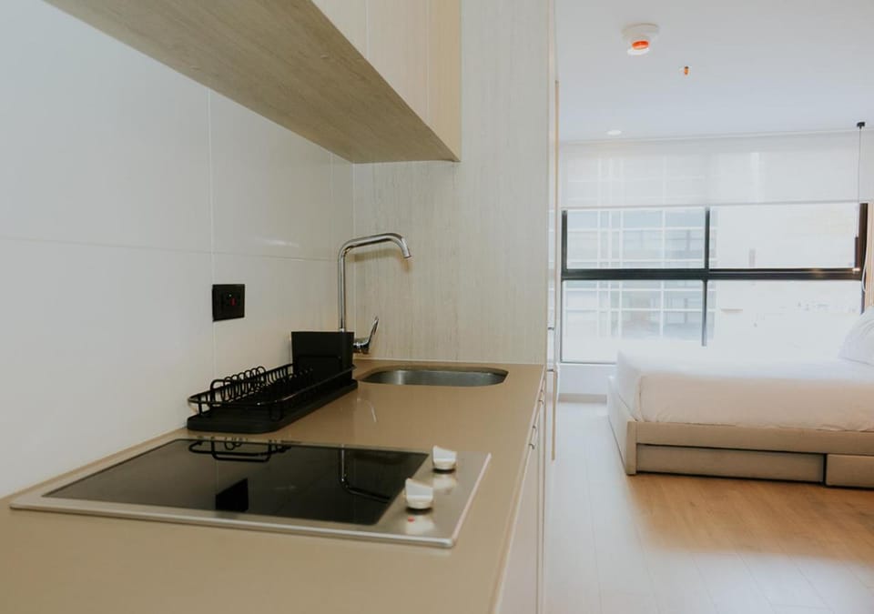 Bed, kitchen