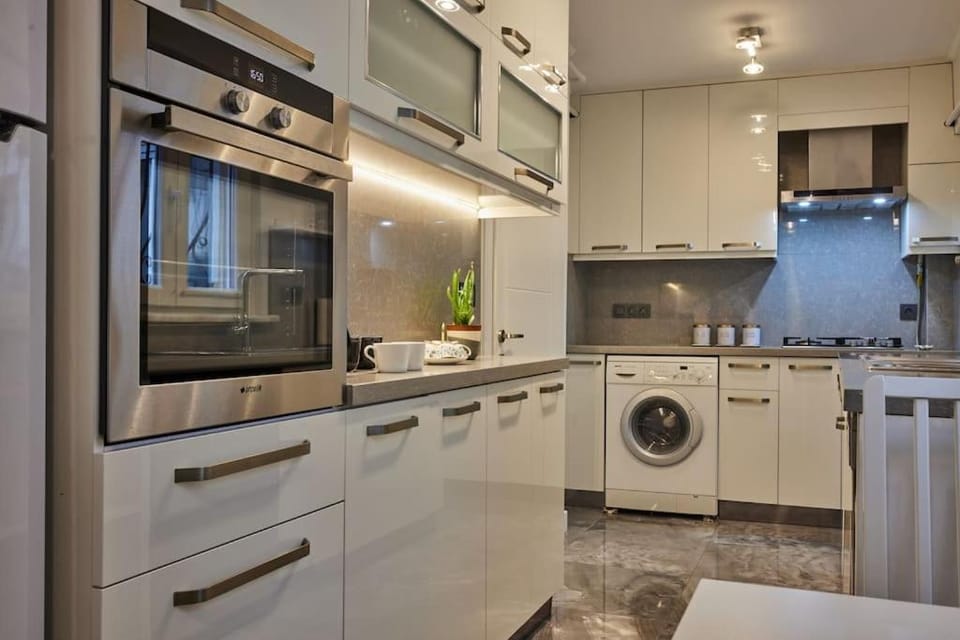 Kitchen or kitchenette, oven, stove, washing machine