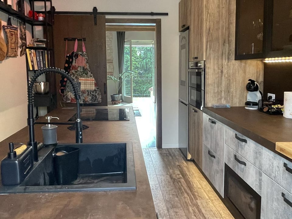 Kitchen or kitchenette, stove