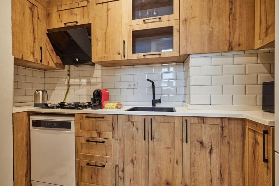 Kitchen or kitchenette, dishwasher, stove