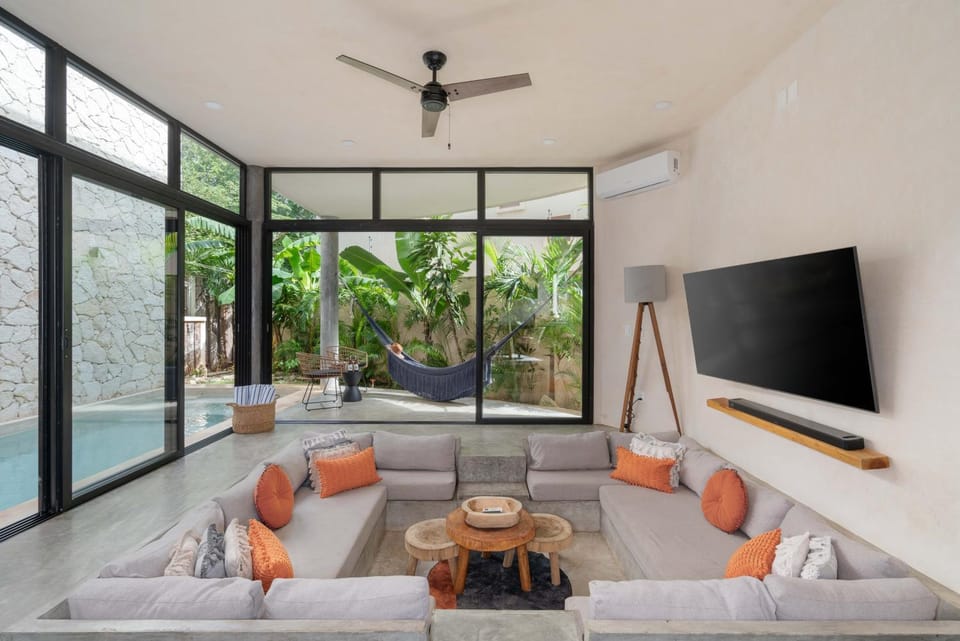 Patio, TV and multimedia, Living room, Seating area, Pool view, Swimming pool
