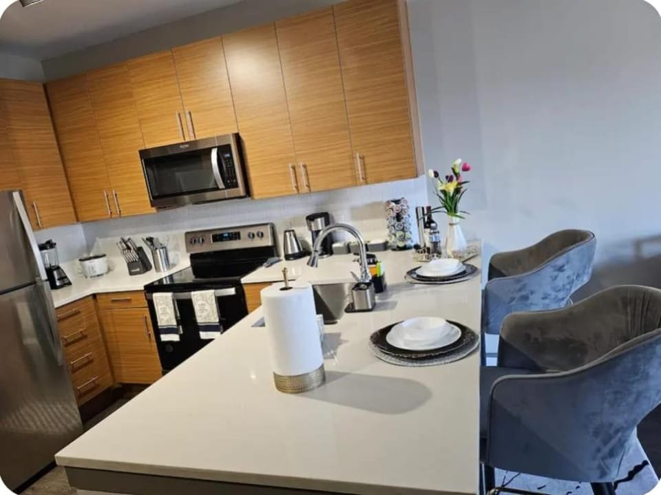 Kitchen or kitchenette, dishwasher, stove, toaster