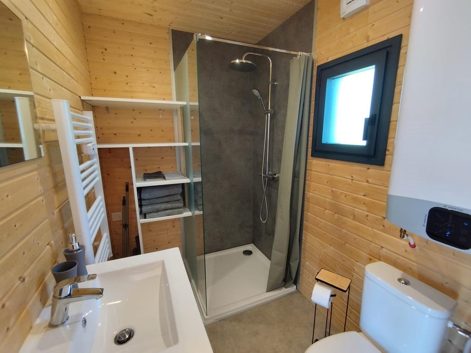 Shower, Toilet, Bathroom, hair dryier, heating, storage, towels